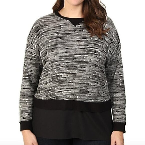 CALVIN KLEIN Black White Marled / Black Twofer Crewneck Pullover Sweater Medium - Picture 1 of 12